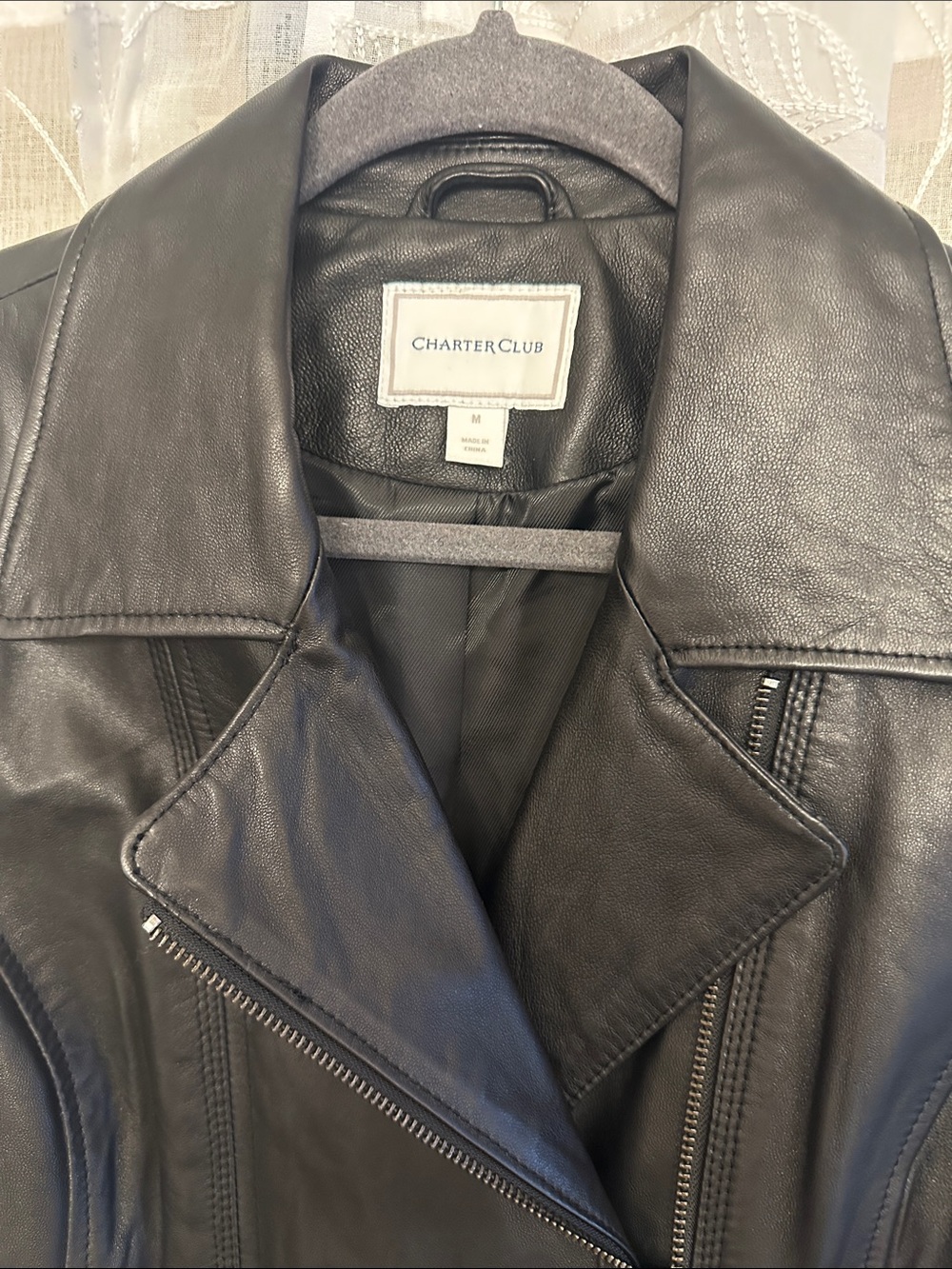 Charter Club Black Leather Moto-Style Zip Jacket - Picture 2 of 16